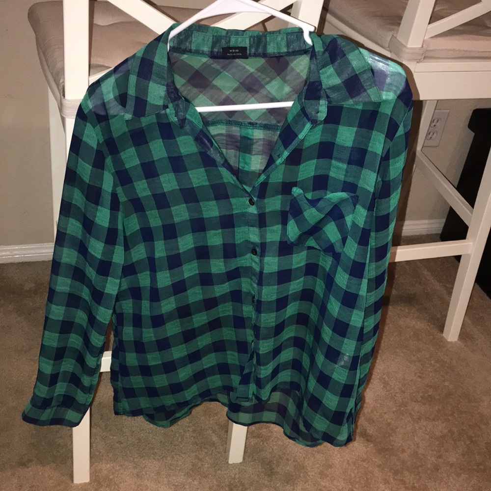 Green and navy blue sheer button down
